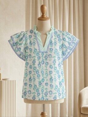 Lovesoft Green Floral Print Patchwork Flutter Sleeve Blouse – Sizes  L